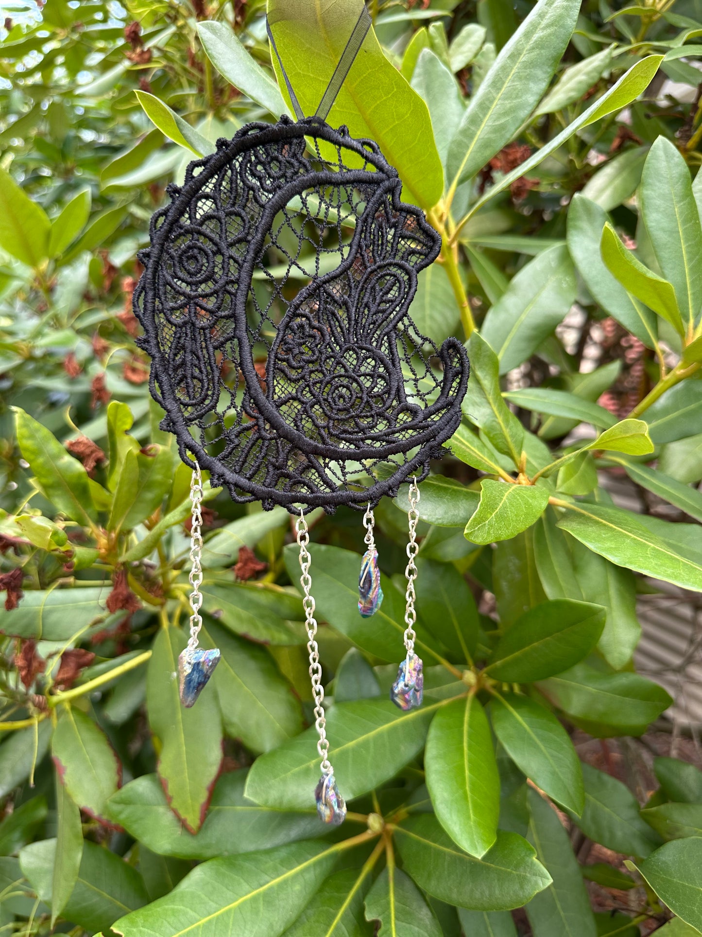 Celestial Familiar: Embroidered Cat & Moon with Titanium Plated Quartz