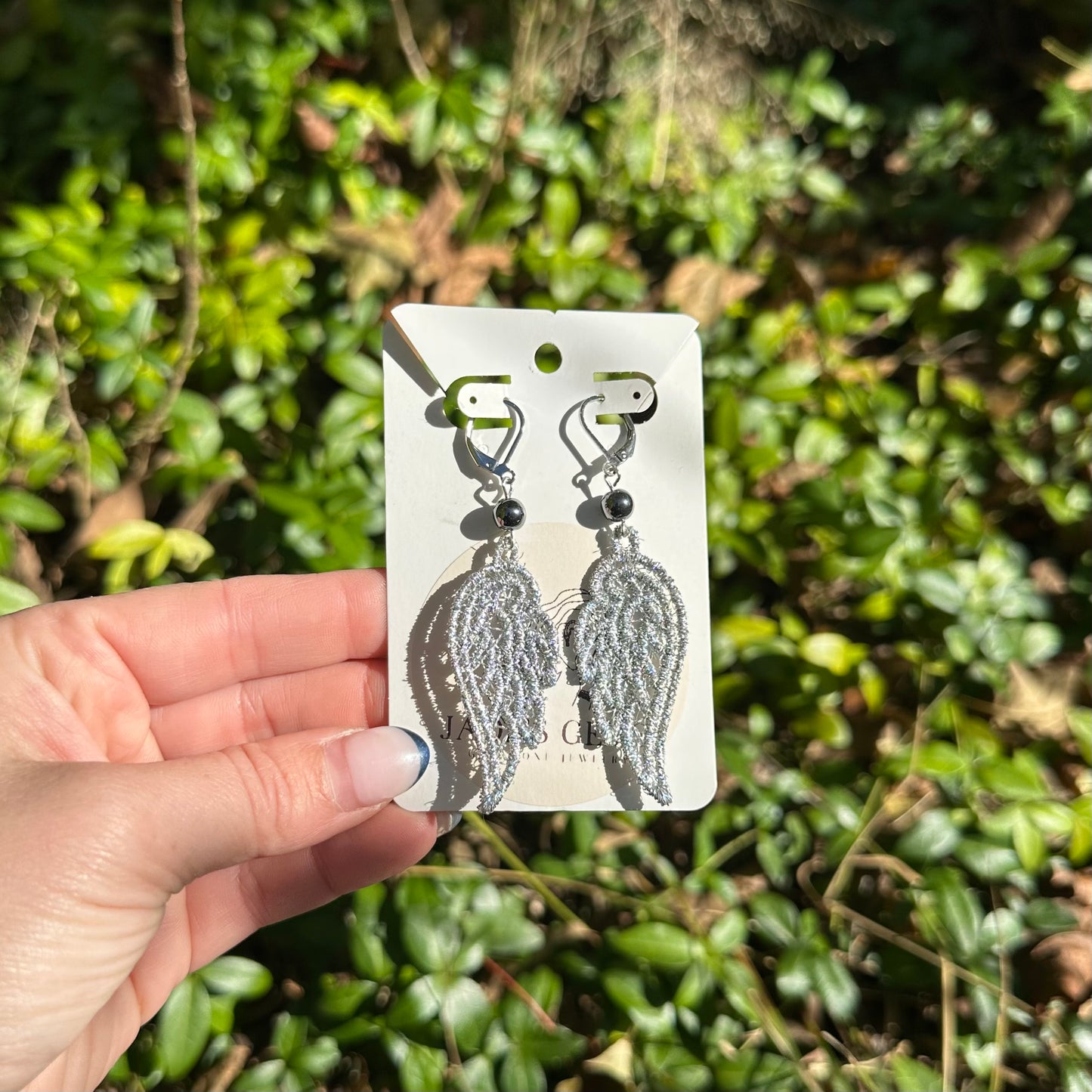 Embroidered Silver Wings with Hematite