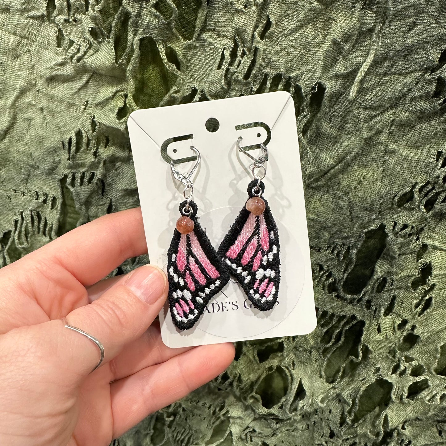 Embroidered Pink Monarch Wing Earrings