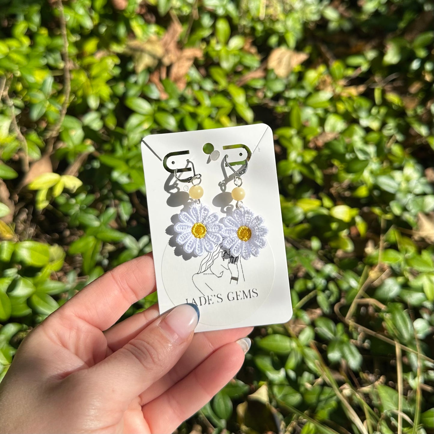 Embroidered White Daisy with Honey Calcite Earrings