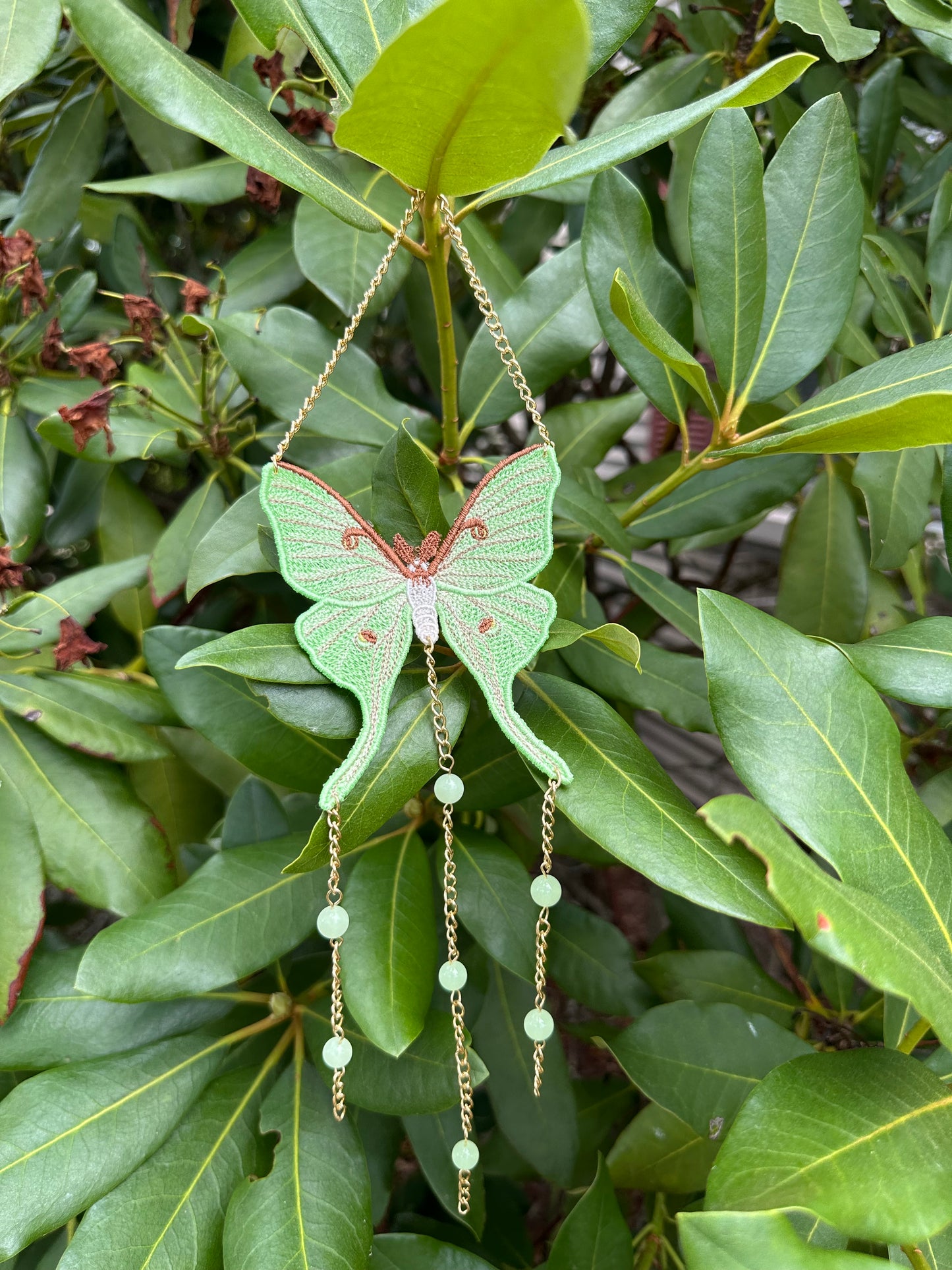 Emerald Enchantment: Embroidered Luna Moth Lace with Green Aragonite