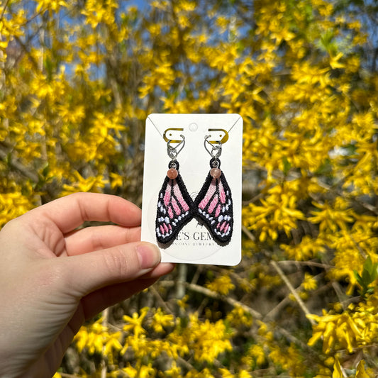 Embroidered Pink Monarch Wing Earrings
